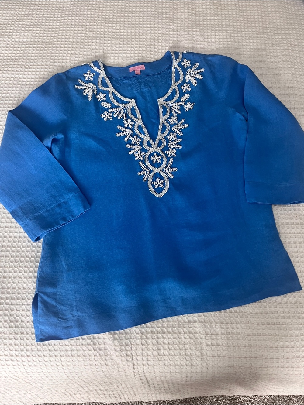 MINT Lilly Pulitzer Amelia Island Women LINEN TUNIC Top BEADED Resort LARGE - Picture 6 of 10